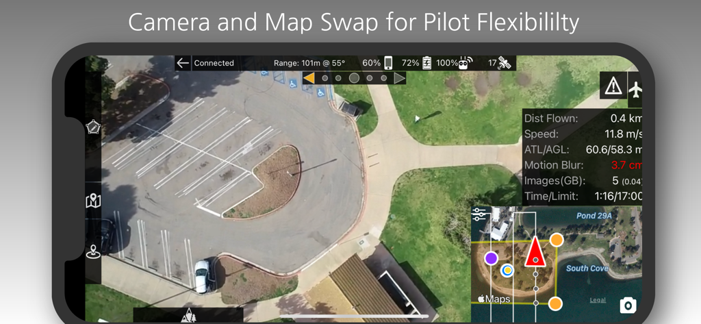 Map Pilot Pro App-Oberfläche, die den Live-Drohnenkamera-Feed und die Kartenavigation für die professionelle Luftbildkartierung zeigt
