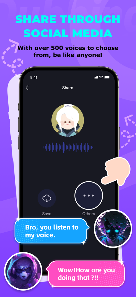 Dubbing AI - AI Voice Changer - Interface do aplicativo Dubbing AI para compartilhar vozes geradas por IA em plataformas de mídia social
