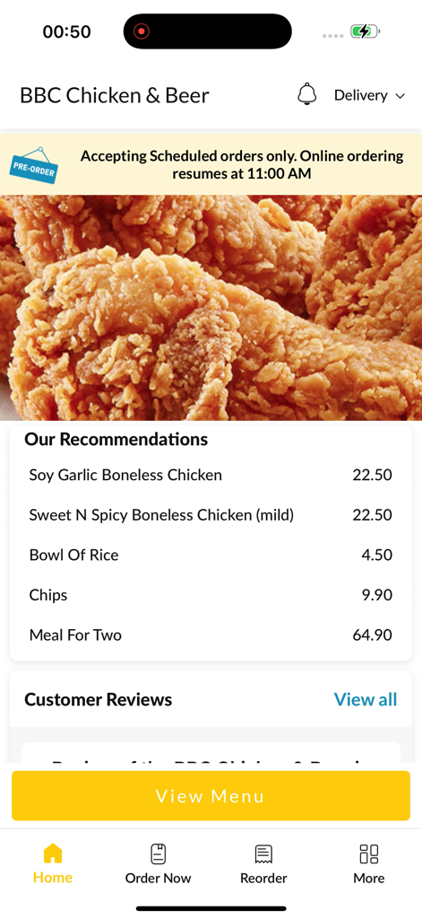 BBC Chicken & Beer - The home screen of the BBC Chicken and Beer app featuring a photo of crispy fried chicken and a list of recommended menu items with prices.