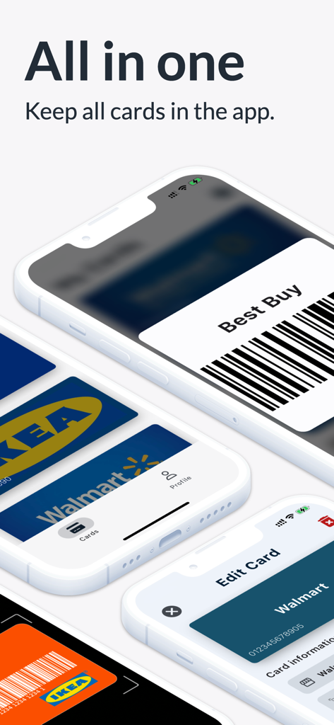 Fotom app interface showing digital loyalty cards and barcodes for retail stores