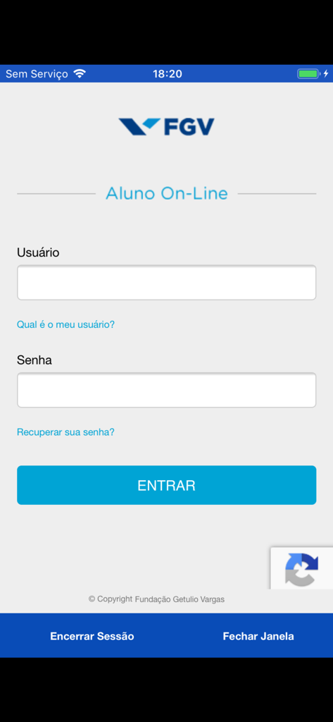 FGV - Tela de login do FGV Aluno Online com campos de nome de usuário e senha