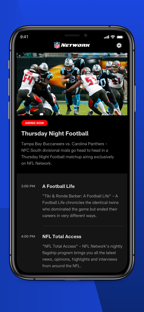 NFL Network - Interfaz de la app NFL Network mostrando la transmisión en vivo de Thursday Night Football y el horario de programas.