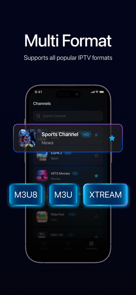 StreamX: Smart Stream Player - M3U、M3U8、XTREAM IPTVフォーマットのサポートを強調するStreamXアプリインターフェース