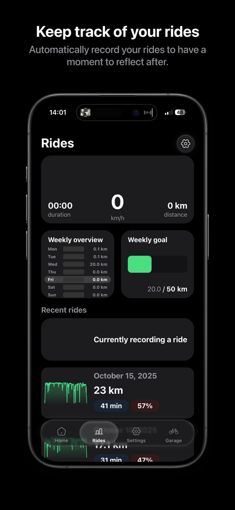 MoofMate - MoofMate app interface displaying ride history statistics and weekly distance goals for a VanMoof bike.