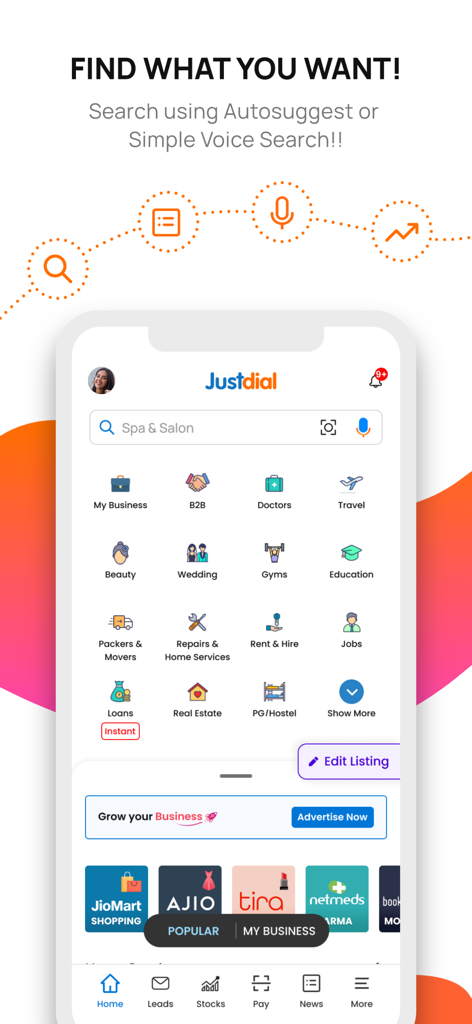 JD - The Best Local Search App - Pantalla de inicio de la aplicación JD mostrando varias categorías de servicios locales y opciones de búsqueda