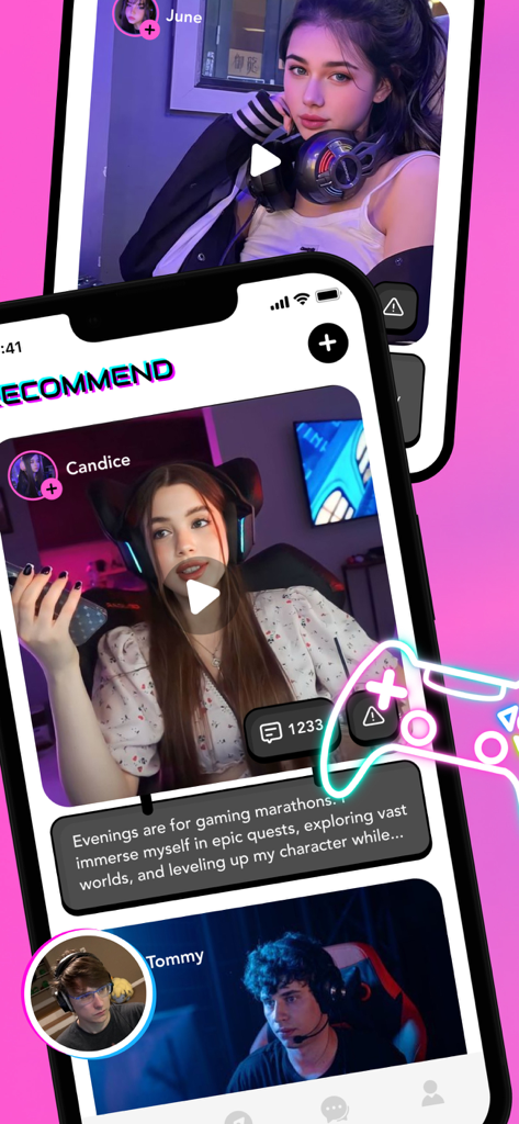 Roof: Live Video Chat & Girls - Una interfaz de aplicación móvil que muestra perfiles de usuario y recomendaciones de chat de video en vivo en la plataforma de descubrimiento social de Roof