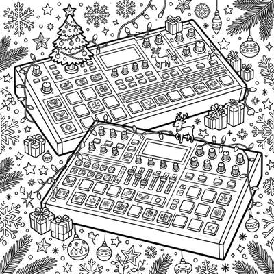 Dive into a unique blend of music and holiday cheer with this intricate Christmas Groovebox coloring page. Featuring highly detailed electronic instruments adorned with festive decorations, it's perfect for both music lovers and Christmas enthusiasts.