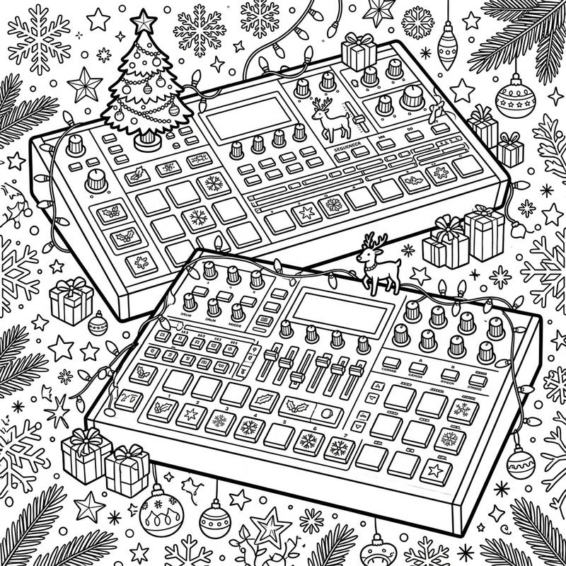 Dive into a unique blend of music and holiday cheer with this intricate Christmas Groovebox coloring page. Featuring highly detailed electronic instruments adorned with festive decorations, it's perfect for both music lovers and Christmas enthusiasts.
