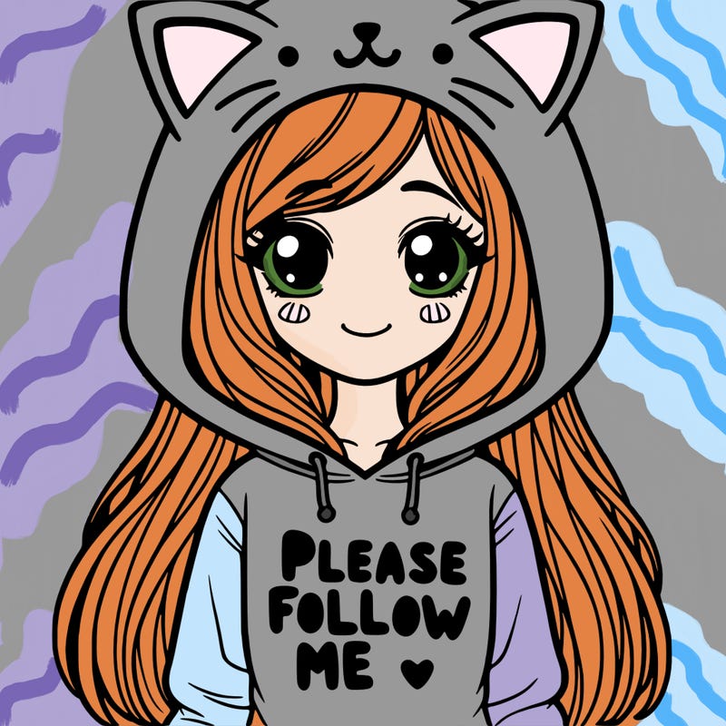 girl with long hair in a cat hoodie saying please follow me