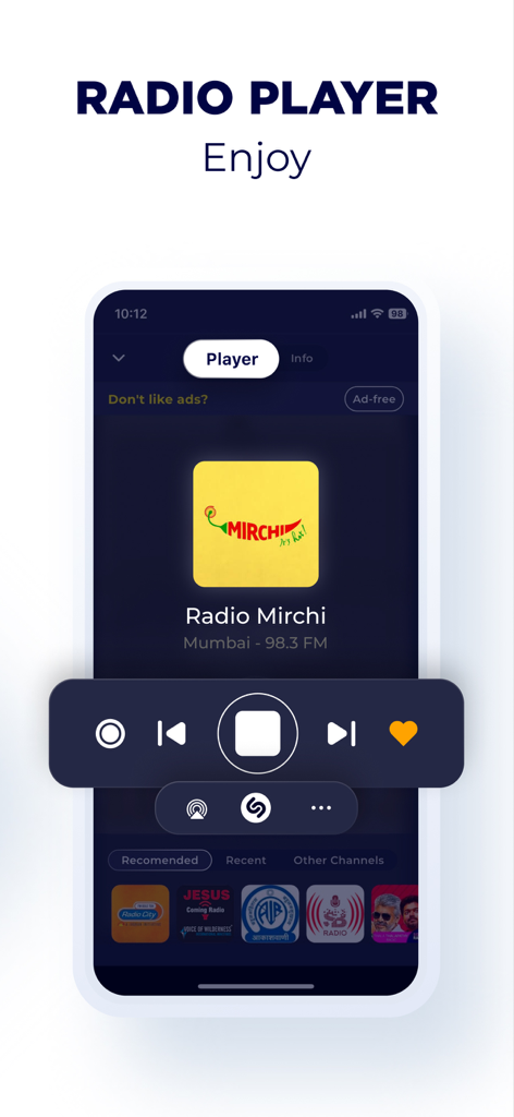 India Radio Online: AIR Radio - Player interface of India Radio Online app showing Radio Mirchi Mumbai station with playback and recording controls