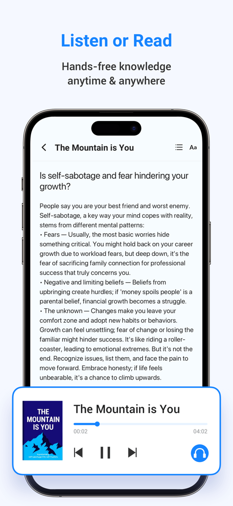 LeapAhead App-Oberfläche, die Optionen zum Lesen von Text oder zum Anhören von Buchzusammenfassungs-Audio anzeigt