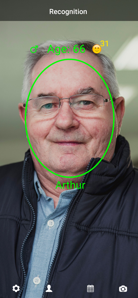 SAFR Recognition mobile app interface showing real-time facial identification with age and sentiment analysis