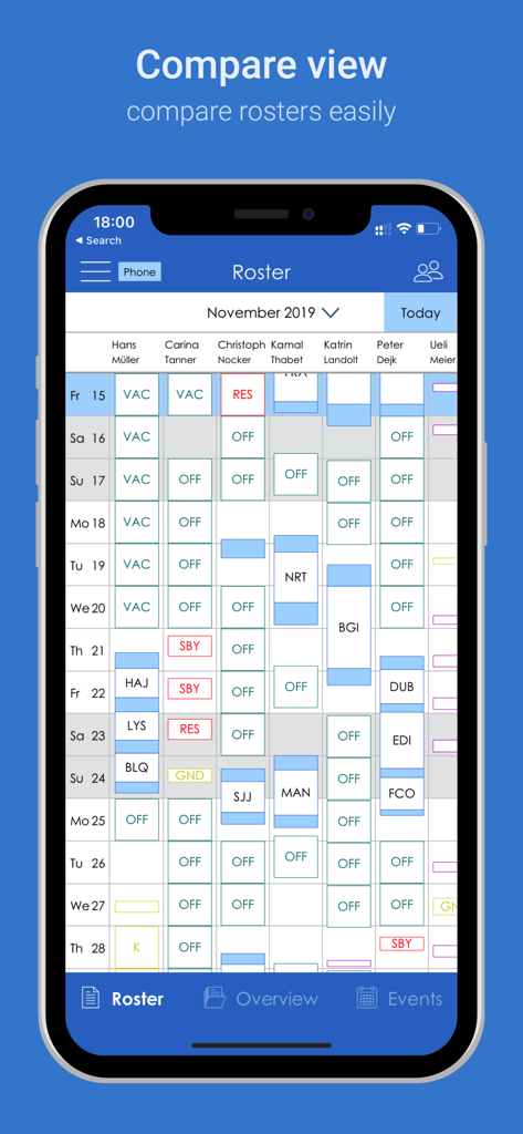 FollowMe - Share your roster - A screenshot of the FollowMe app showing a side by side comparison of multiple airline crew member rosters.