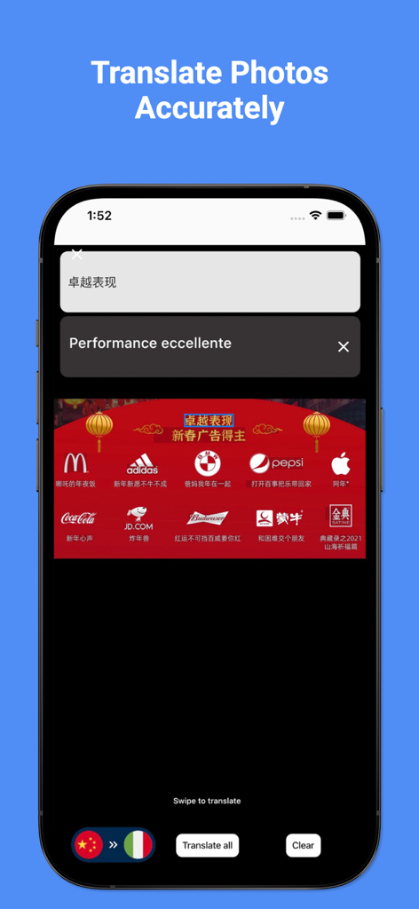 Interfaz de la aplicación Italian Translator Pro que muestra la traducción de fotos de chino a italiano