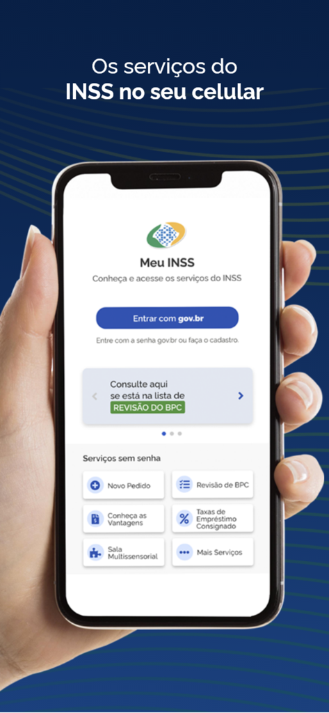 Smartphone exibindo a tela inicial do aplicativo Meu INSS com botões de login e vários serviços de previdência social.