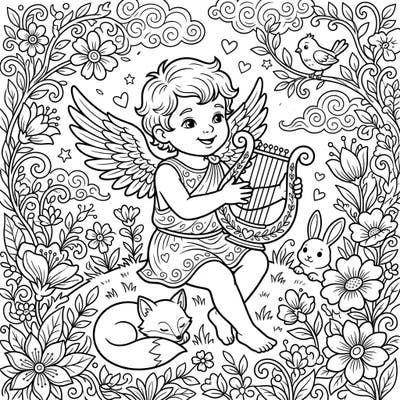 Immerse yourself in the enchanting beauty of spring with this detailed coloring page featuring Cupid playing a lyre. Discover a serene world filled with blooming flowers and charming woodland creatures, perfect for creative expression.