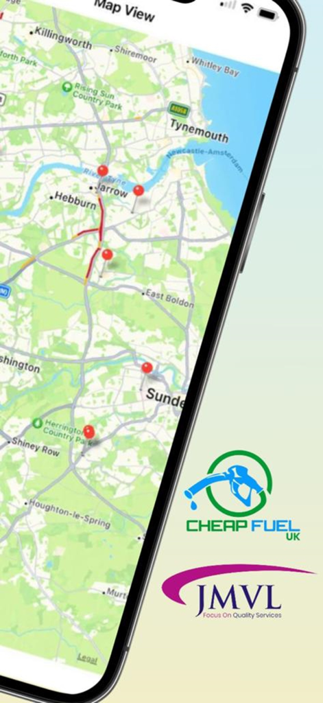 Cheap Fuel UK - Map view of Cheap Fuel UK app showing nearby fuel station locations in the United Kingdom