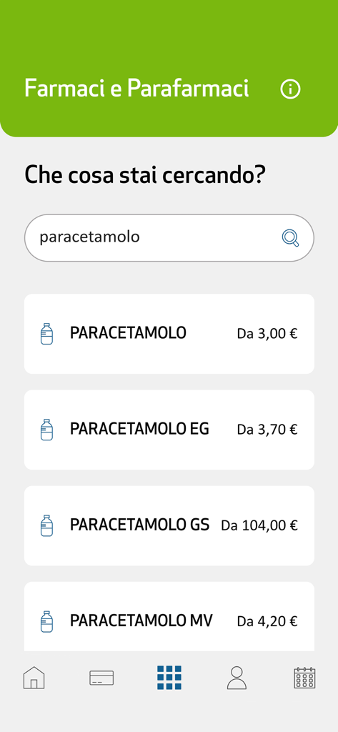 SiSalute Up - L'app SiSalute Up che mostra un risultato di ricerca per il paracetamolo con vari prezzi in euro