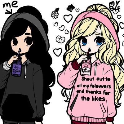 cute girl wearing a oversized hoodie drinking lemonade, long wavy high ponytail looking at a sign that says 'shout out to all my followers and thanks for the likes'