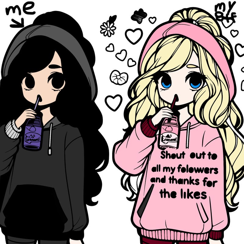 cute girl wearing a oversized hoodie drinking lemonade, long wavy high ponytail looking at a sign that says 'shout out to all my followers and thanks for the likes'