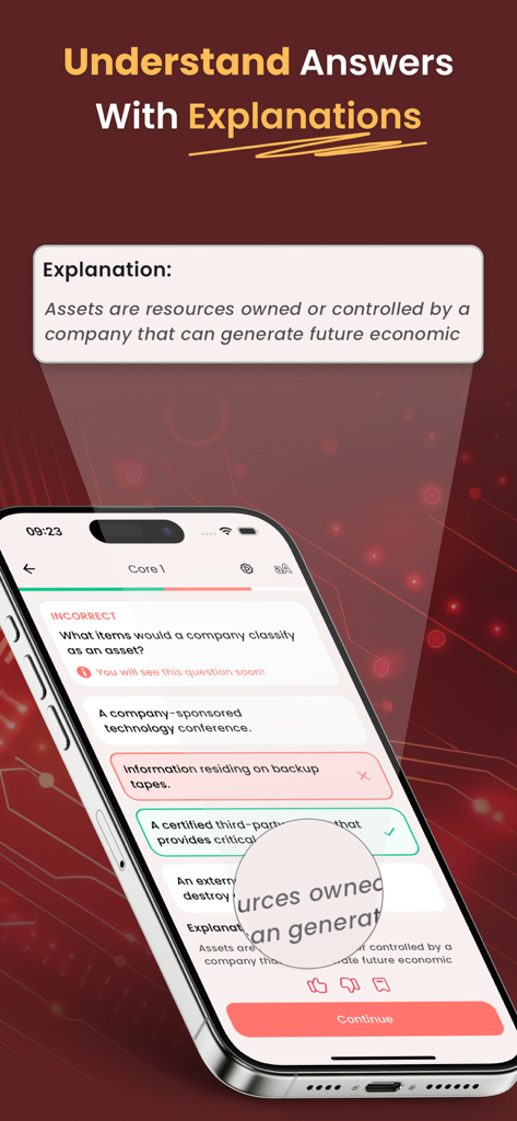 A mobile app screenshot showing a CompTIA ITF plus practice question with a detailed answer explanation