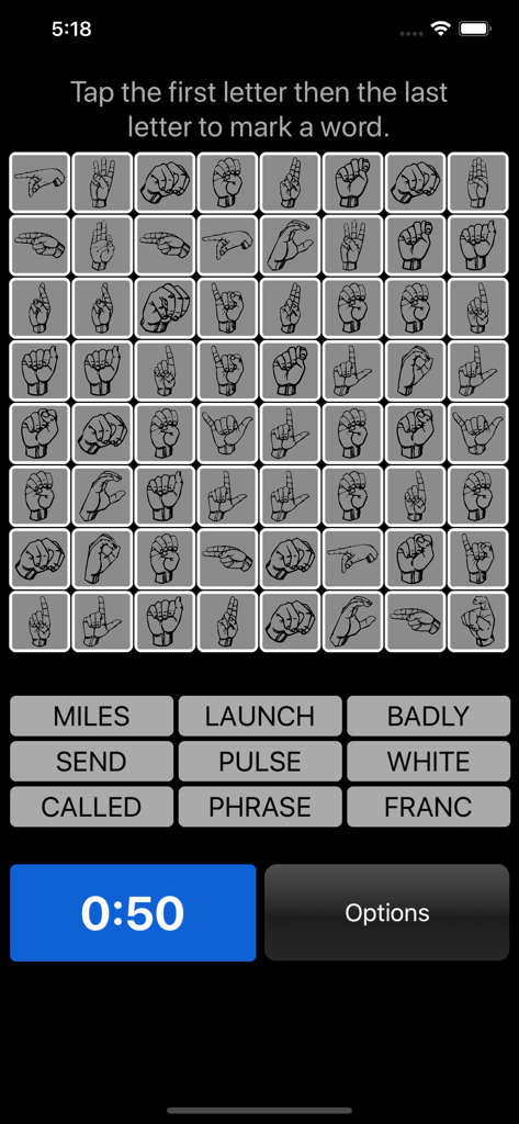 Ein Wortsuchrätsel, das anstelle von Buchstaben Handzeichen der amerikanischen Gebärdensprache verwendet.