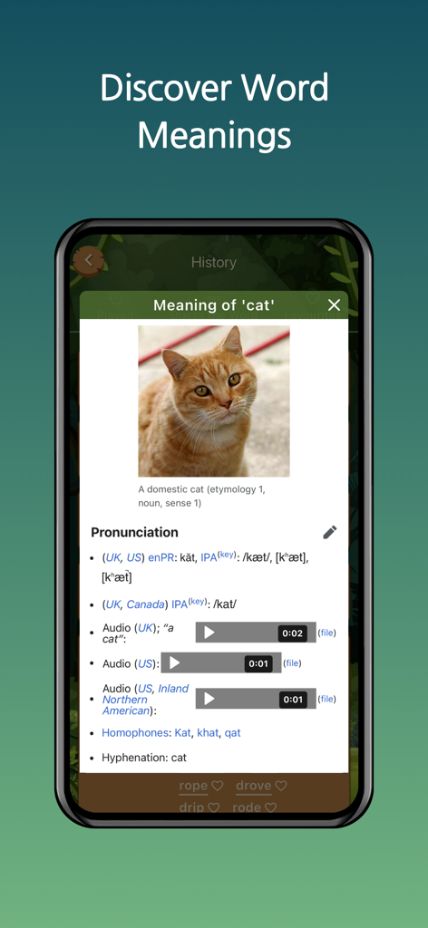 Word Woods Connect the Letters - A mobile screen showing the dictionary and pronunciation feature for the word cat within the Word Woods app.