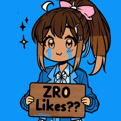 super cute anime girl with high ponytail and a sign saying zero likes???
