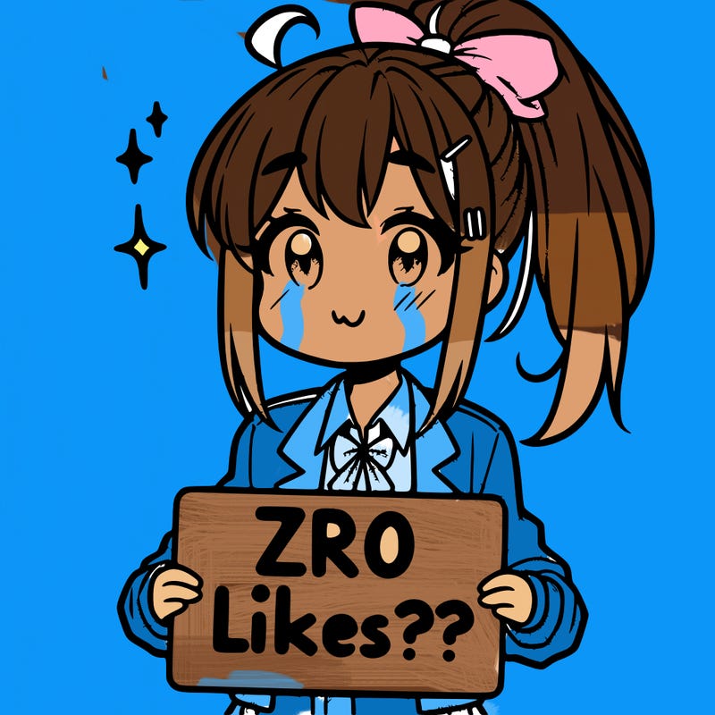 super cute anime girl with high ponytail and a sign saying zero likes???