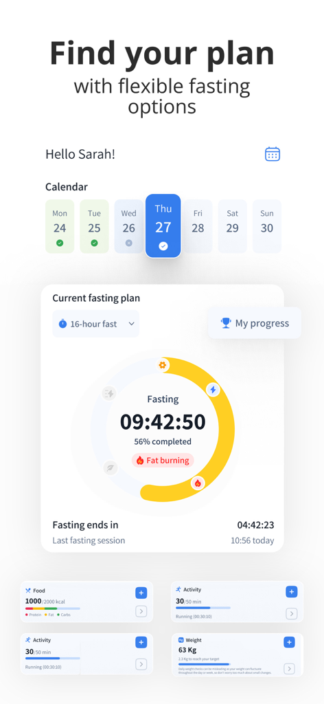 Interface de l'application FitFast montrant la progression du plan de jeûne actuel et les statistiques de santé