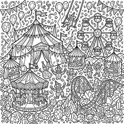 Experience the thrill of a unique carnival with this intricate coloring page, where festive attractions meet fascinating irregular hail formations. Get ready to bring vibrant life to the 'Hailstone Circus' and its lively performers.