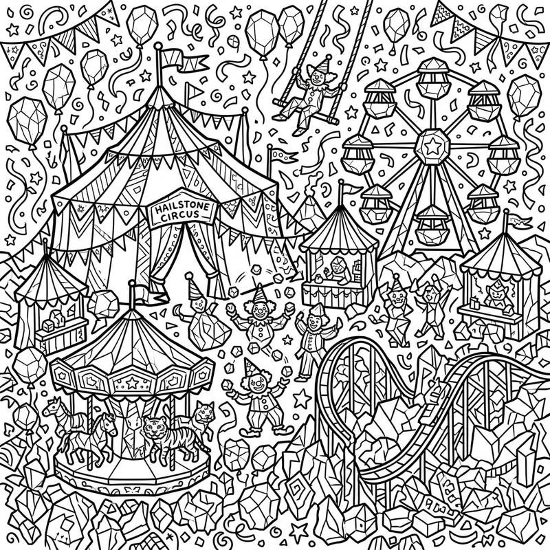 Experience the thrill of a unique carnival with this intricate coloring page, where festive attractions meet fascinating irregular hail formations. Get ready to bring vibrant life to the 'Hailstone Circus' and its lively performers.