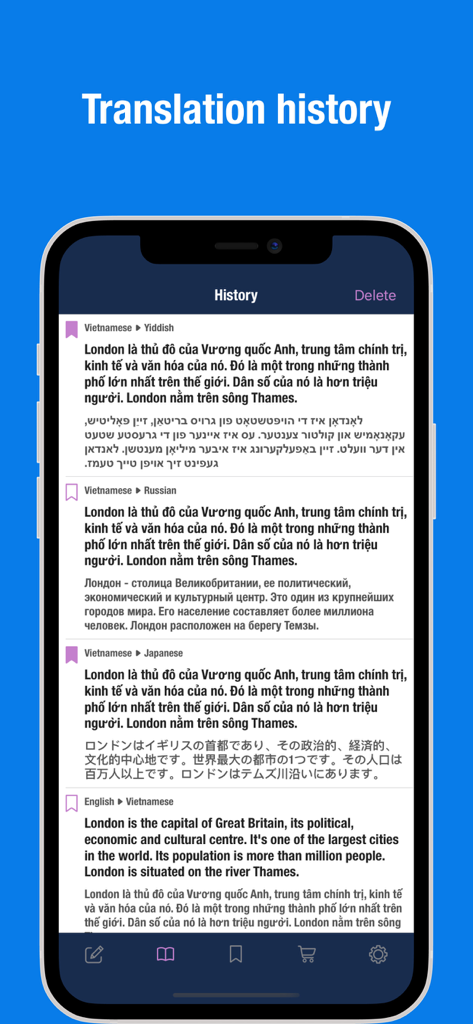 A smartphone screen displaying a translation history list with various language pairs and text entries.