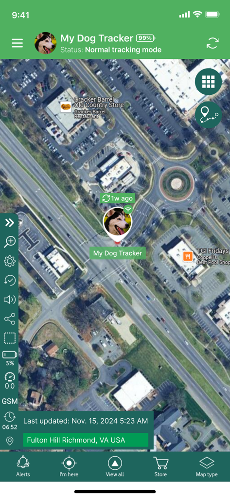 Satellite map view in the Tracki GPS app showing the real-time location of a dog tracker in Richmond Virginia