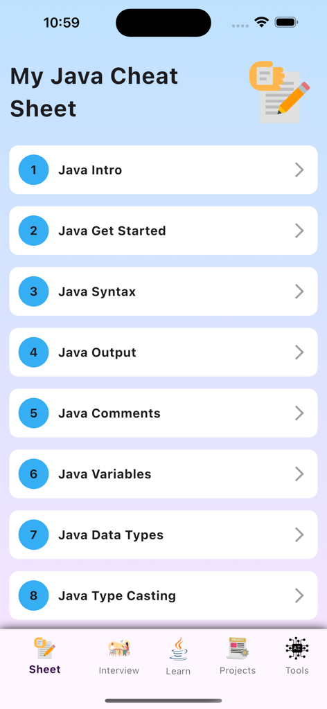 Java cheat sheet menu showing fundamental programming topics for beginners