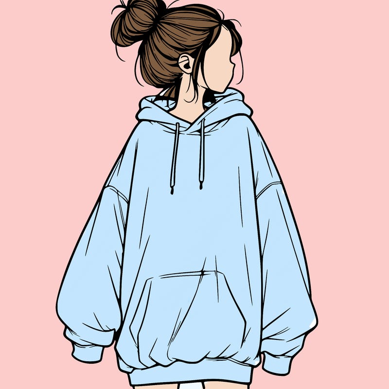 realistic girl with a oversized sweatshirt on and a bun