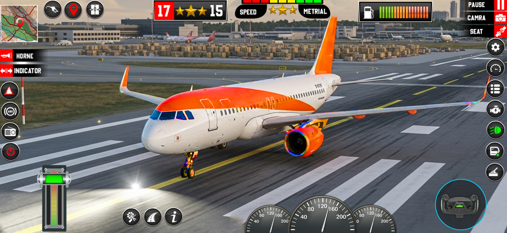 Commercial airplane on a runway with dashboard controls in a 3D flight simulator game