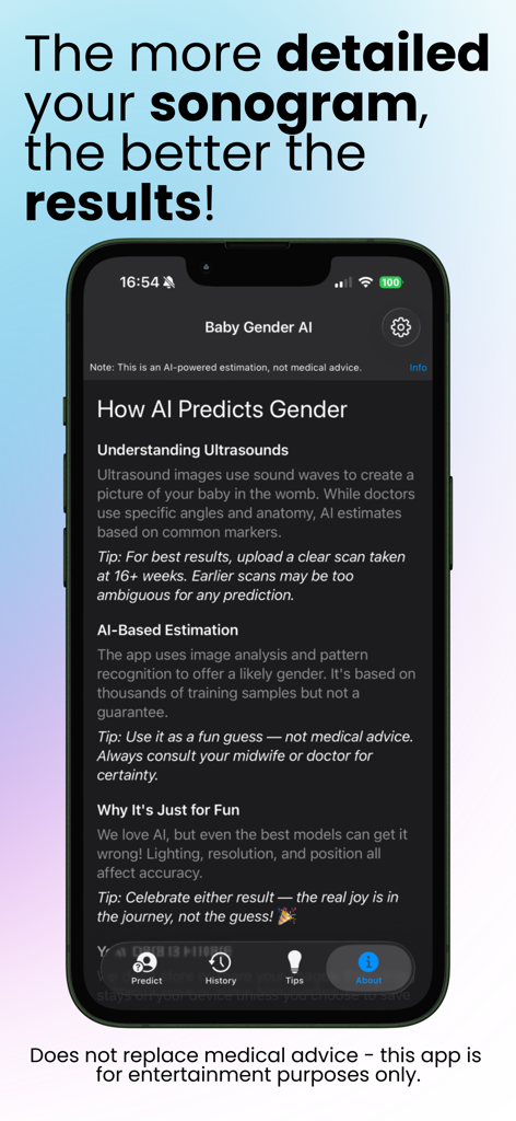 Baby Gender AI Scanner - A screenshot of the Baby Gender AI Scanner app showing a detailed explanation of how AI predicts gender from ultrasound scans and a clear medical disclaimer.