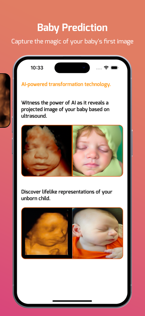 Baiby - AI Baby Scan Converter - Comparación lado a lado de ecografías 3D y retratos realistas de bebés generados por IA
