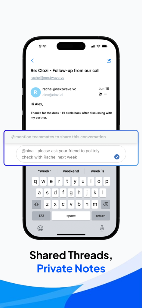 Polymail app screen displaying shared email threads and private team notes feature