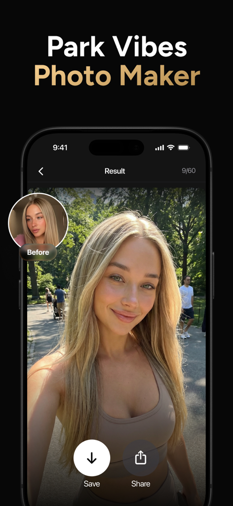 Momo - AI Photo Generator - Before and after comparison of a woman using the Park Vibes feature in the Momo AI Photo Generator app
