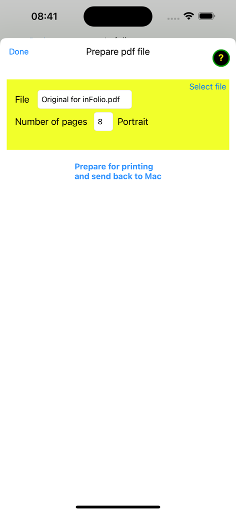 In Folio app screen for preparing a PDF file for booklet printing showing file selection and page count options.