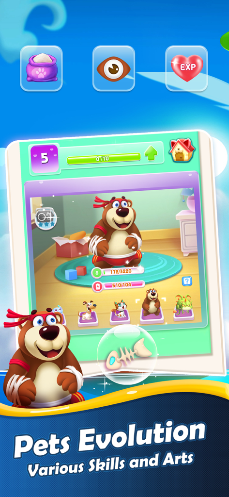 Piggy Boom - Piggy Boom pets evolution screen featuring a cute martial arts bear and various pet skills