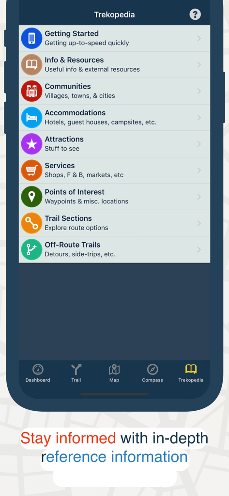 TrailSmart app Trekopedia screen displaying reference categories for hiking trails including accommodations and points of interest.