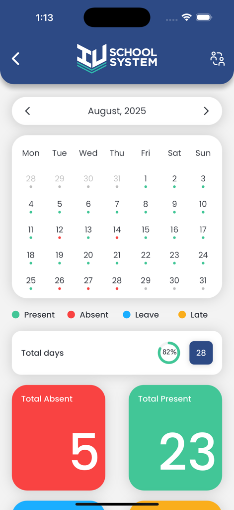 IU School System - IU School System mobile app showing a monthly attendance calendar and summary statistics for students