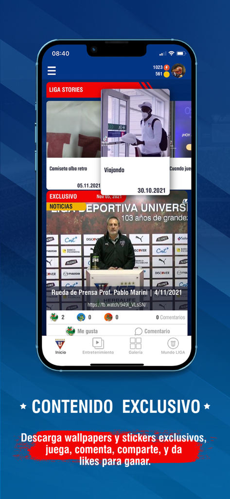 LDU Oficial - Pantalla de smartphone mostrando la aplicación LDU Oficial con secciones para historias, noticias exclusivas y un video de rueda de prensa.