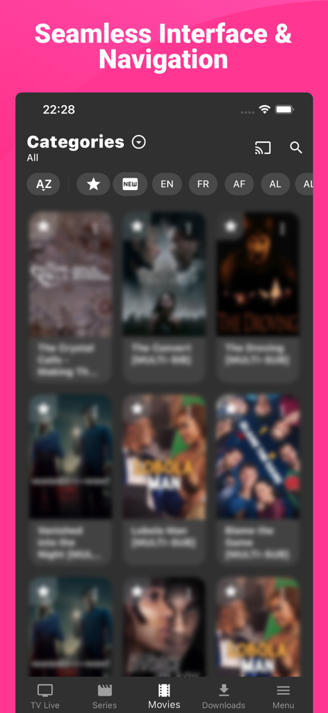 Interface de la bibliothèque de films dans l'application IPTV Smarters Player Expert en mode sombre
