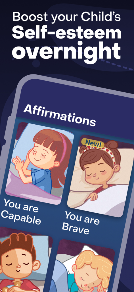 Storybook: Sleep & Meditation - A mobile app interface displaying bedtime affirmations for children to boost self-esteem