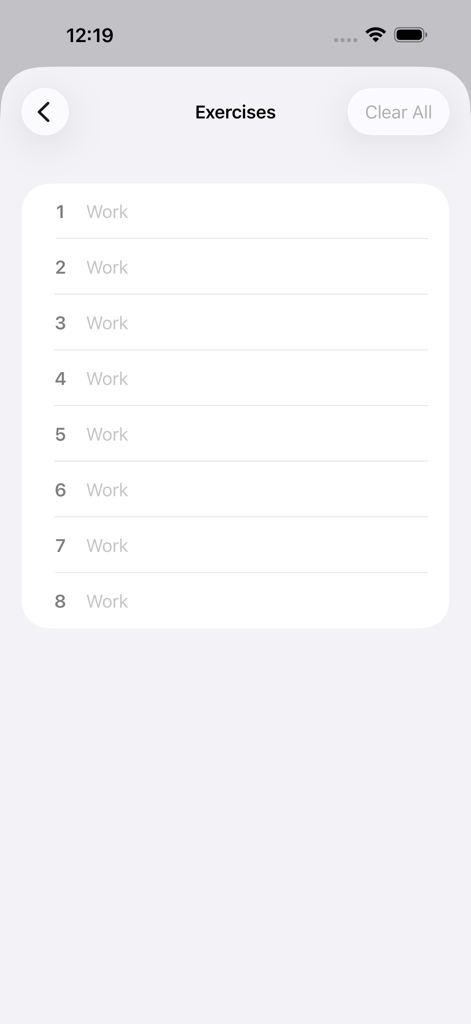 Interfaz de la aplicación Timer plus mostrando una lista de intervalos de entrenamiento cronometrados bajo un encabezado de Ejercicios