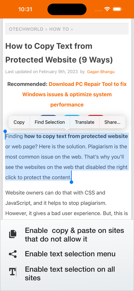 iPhone上のSafariでコピーを有効にする拡張機能。ウェブサイト上でテキスト選択とコピー＆ペーストのオプションが表示されています